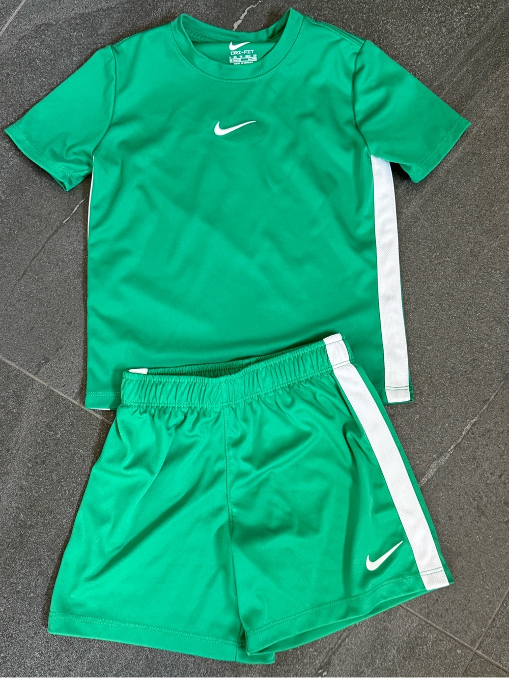 Nike Kids Green Athletic Shorts and Tee Set with White Stripes